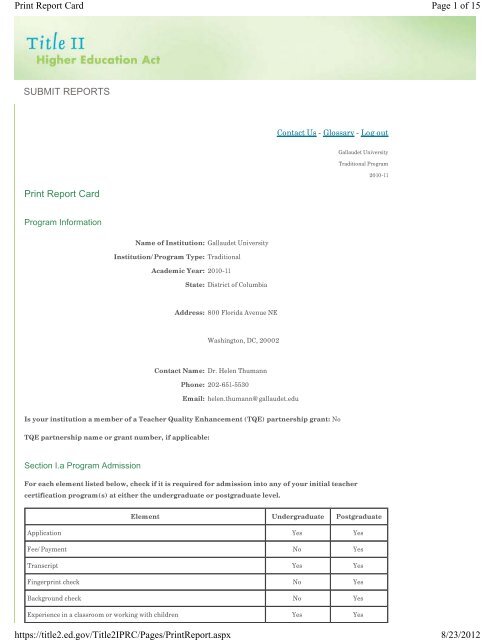 Title II Higher Education Act Report Card - Gallaudet University