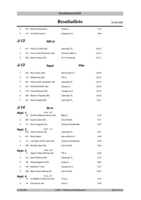 Resultatliste - Komplett - Friidrett.no