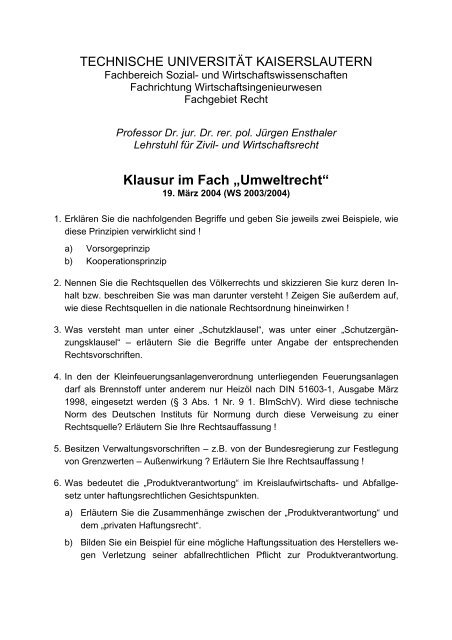 Klausur im Fach „Umweltrecht“ - FS WiWi