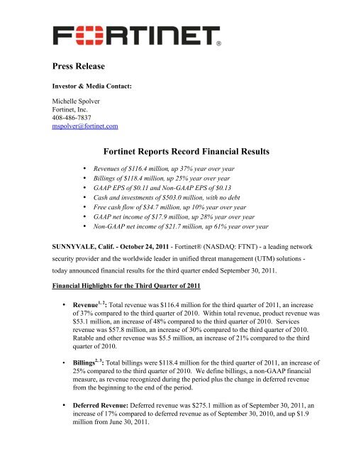 Press Release Fortinet Reports Record Financial Results
