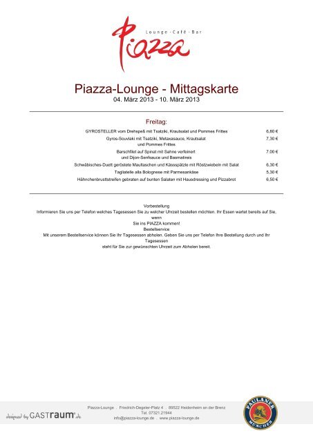 Piazza-Lounge - Mittagskarte - GastRaum