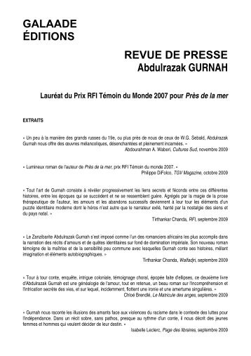 GALAADE ÉDITIONS REVUE DE PRESSE Abdulrazak GURNAH