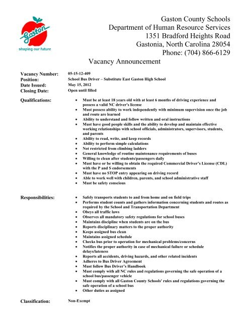 Gaston County Schools Department of Human Resource Services ...
