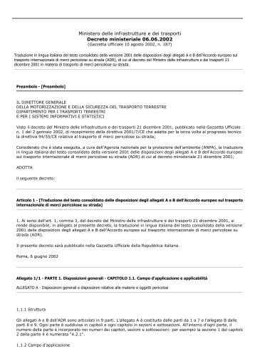 Decreto Ministero delle infrastrutture e dei trasporti del 06/06/2002