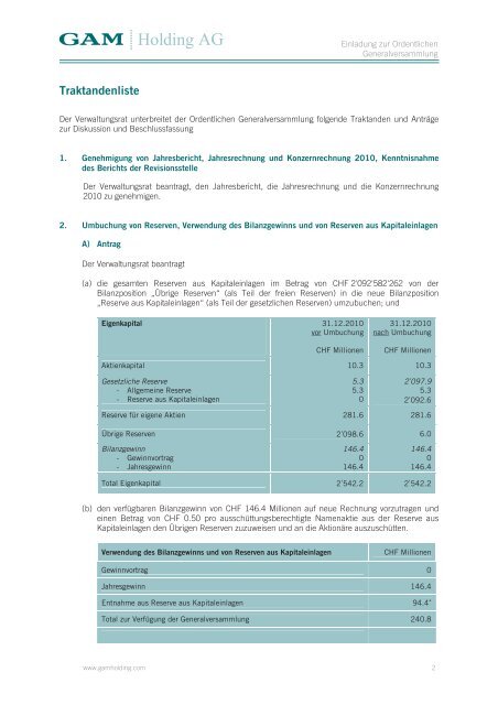 Einladung zur Ordentlichen Generalversammlung - GAM Holding AG