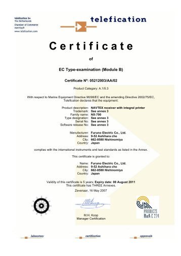 NX700A/B CE Certificate - Furuno USA
