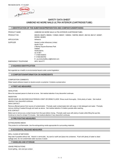 safety data sheet unibond no more nails ultra interior (cartridge/tube)