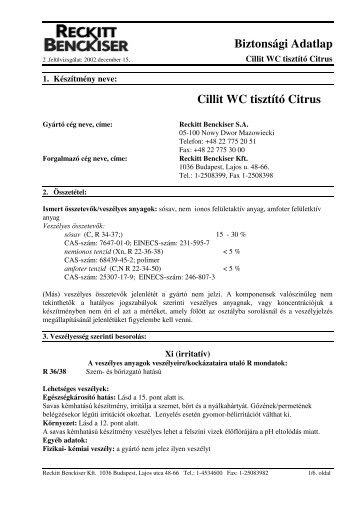 Biztonsági Adatlap Cillit WC tisztító Citrus - Galatea Kft.