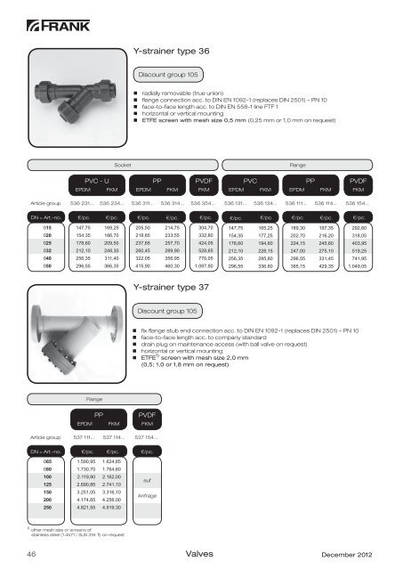 Plastic valves price list 2013 - Frank GmbH