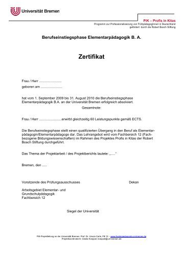 Zertifikat für die Berufseinstiegsphase Elementarpädagogik B.A.