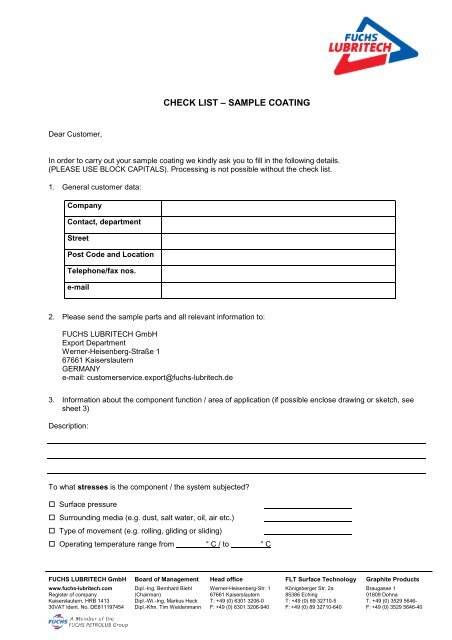 Checklist for sample coating - FUCHS LUBRITECH GmbH