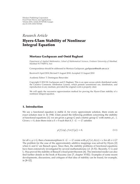 Hyers-Ulam Stability of Nonlinear Integral Equation - Fixed Point ...