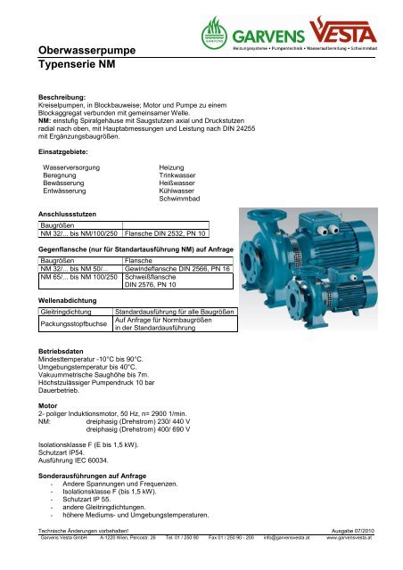 Oberwasserpumpe Typenserie NM - Garvens