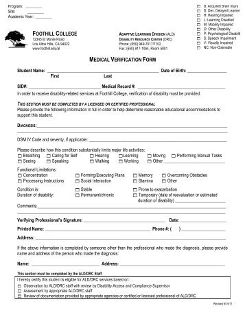 FOOTHILL COLLEGE MEDICAL VERIFICATION FORM