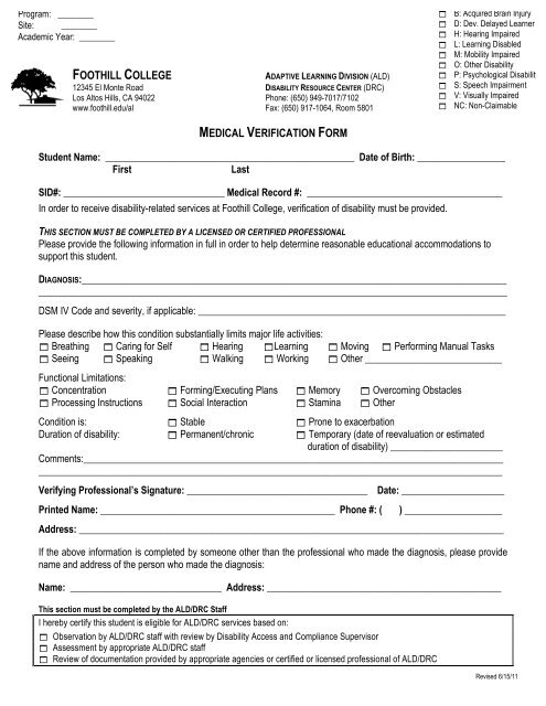 FOOTHILL COLLEGE MEDICAL VERIFICATION FORM