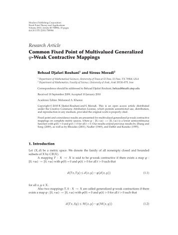 Common Fixed Point of Multivalued Generalized -Weak Contractive ...