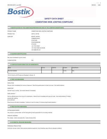 SAFETY DATA SHEET CEMENTONE WIDE JOINTING COMPOUND