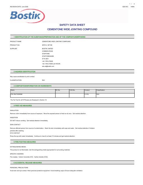 SAFETY DATA SHEET CEMENTONE WIDE JOINTING COMPOUND