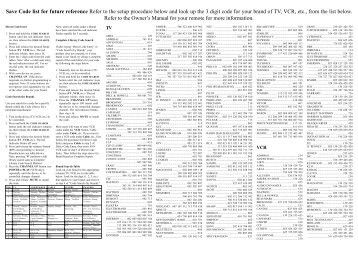 Save Code list for future reference Refer to the setup ... - Radio Shack