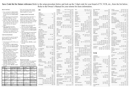 Save Code list for future reference Refer to the setup ... - Radio Shack