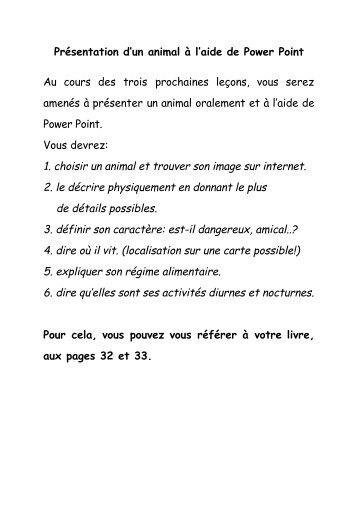 Présentation d'un animal à l'aide de Power Point Au cours ... - fri-tic