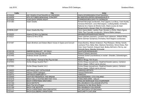 Arthaus DVD Catalogue - Saraband Music