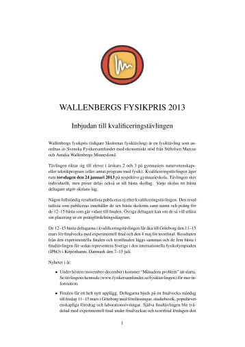 WALLENBERGS FYSIKPRIS 2013 - Svenska Fysikersamfundet