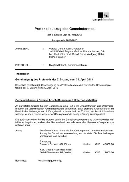 Protokollauszug des Gemeinderates - Gemeinde Gamprin