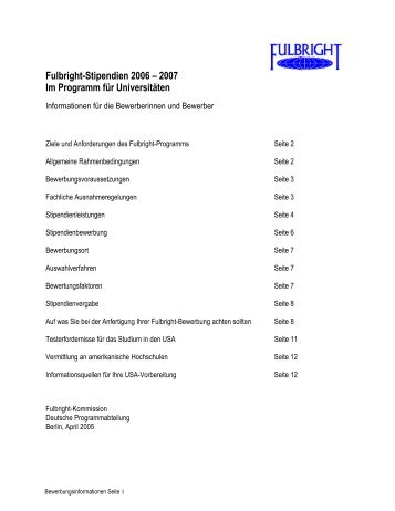 Fulbright-Stipendien 2006 – 2007 Im Programm für Universitäten