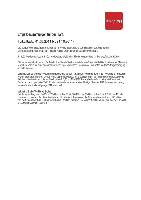 Entgeltbestimmungen für den Tarif: Turka Basta (01.09.2011 bis ...