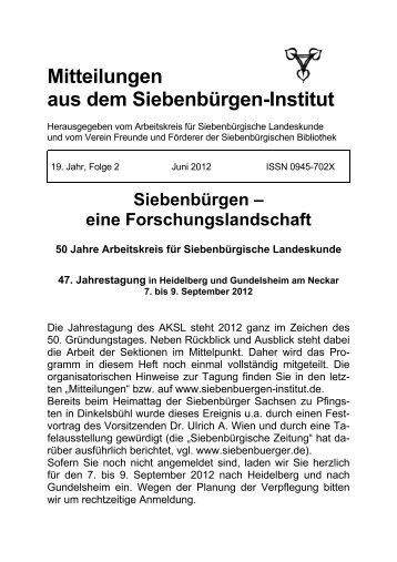 Sektionssitzungen: 14.30 bis 17/18 Uhr - Siebenbürgen-Institut