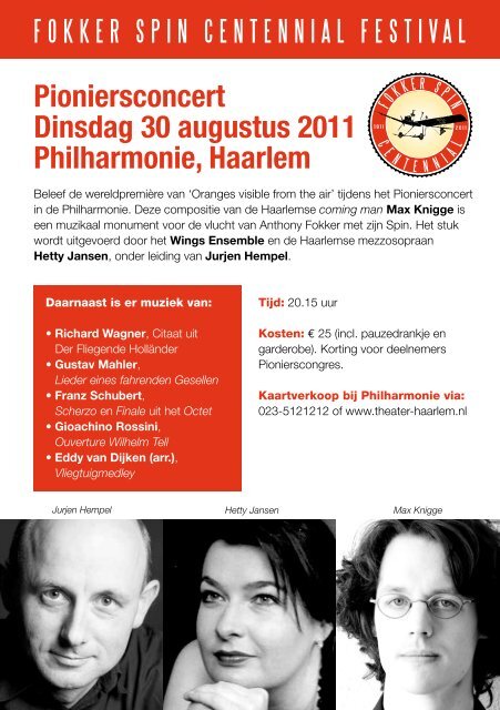 de flyer van het Pioniersconcert - Fokker Spin Centennial