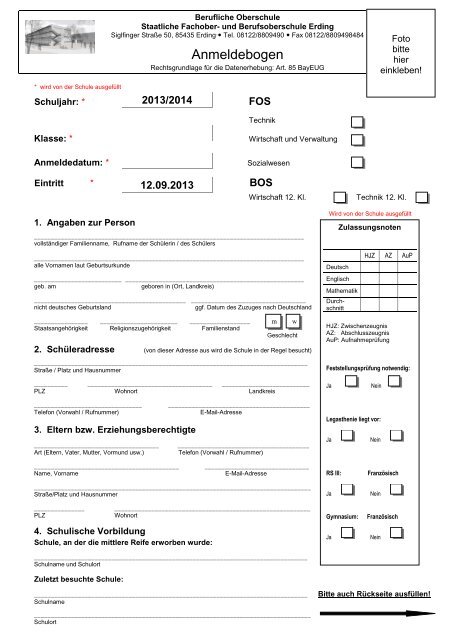 Anmeldeformular FOS/BOS - Berufliche Oberschule Erding