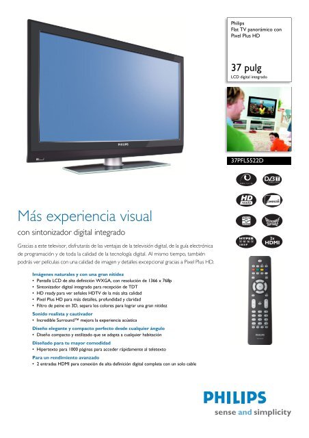 37PFL5522D/12 Philips Flat TV panorámico con Pixel Plus HD