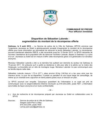 Disparition de Sébastien Lalonde : augmentation ... - Ville de Gatineau