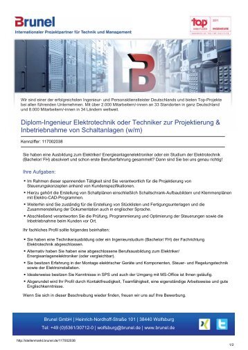 Diplom-Ingenieur Elektrotechnik oder Techniker zur Projektierung ...