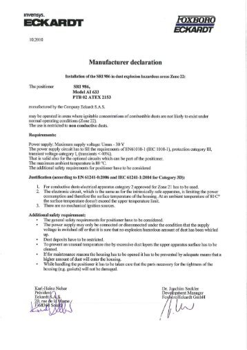 Manufacturer's Declaration, Herstellererklärung - FOXBORO ...