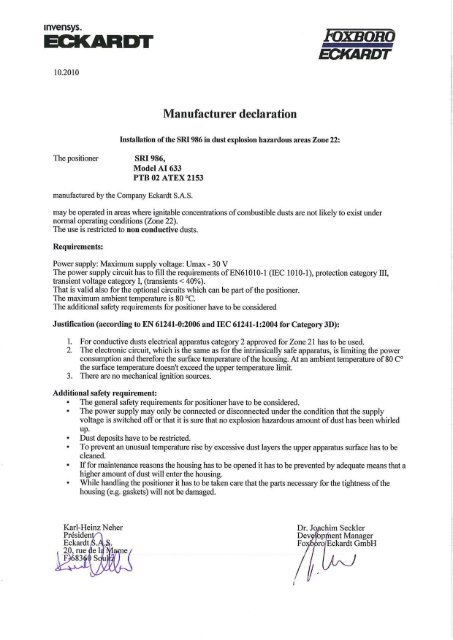 Manufacturer's Declaration, Herstellererklärung - FOXBORO ...