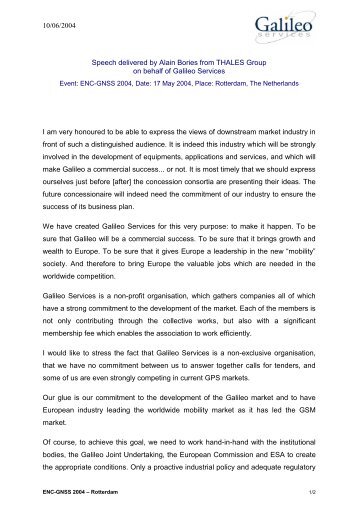 10/06/2004 Speech delivered by Alain Bories ... - Galileo Services