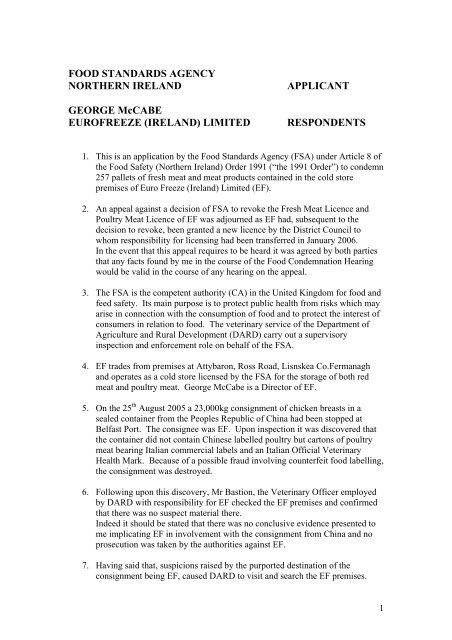 Food Standards Agency Northern Ireland Applicant