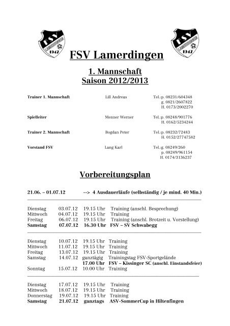 Und hier noch der Vorbereitungsplan der ersten ... - FSV Lamerdingen