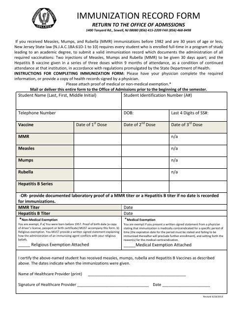 IMMUNIZATION RECORD FORM - Gloucester County College