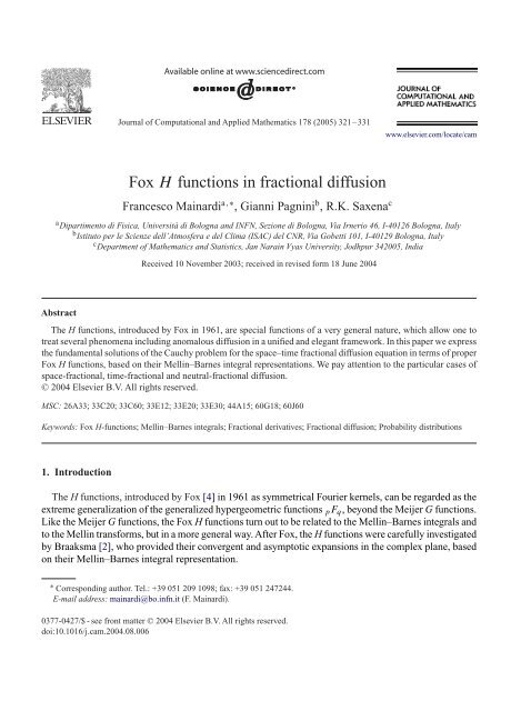 Fox H functions in fractional diffusion - FRActional CALculus ...