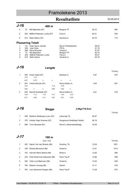 Resultatliste Framolekene 2013 - Friidrett.no