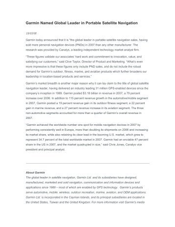 Garmin Named Global Leader in Portable Satellite Navigation