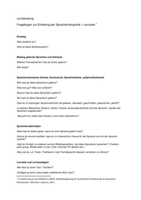 Lernberatung Fragebogen zur Erhebung der Sprachlernbiografie + ...