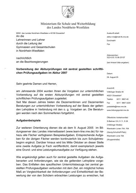 Vorbereitung der Abiturprüfungen mit zentral gestellten schriftlichen ...