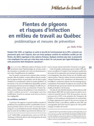 Fientes de pigeons et risques d'infection en milieu de travail au ...