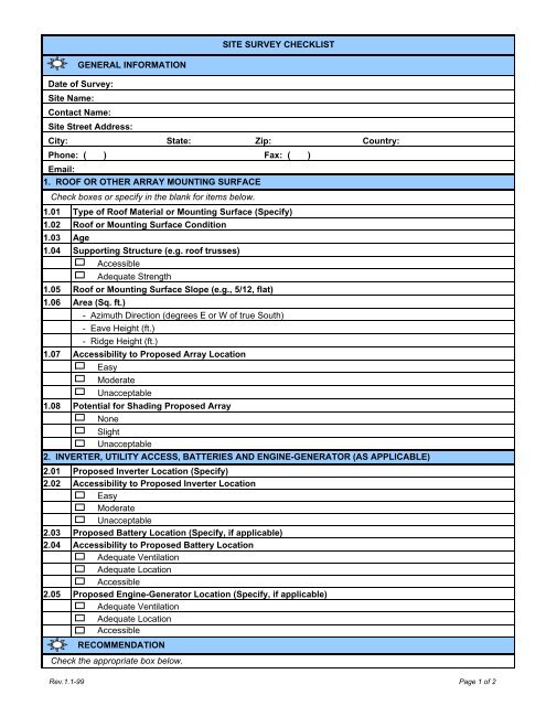 Appendix D: Site Visit Checklist