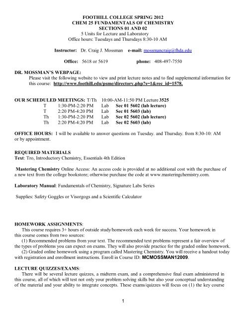 1 FOOTHILL COLLEGE SPRING 2012 CHEM 25 FUNDAMENTALS ...